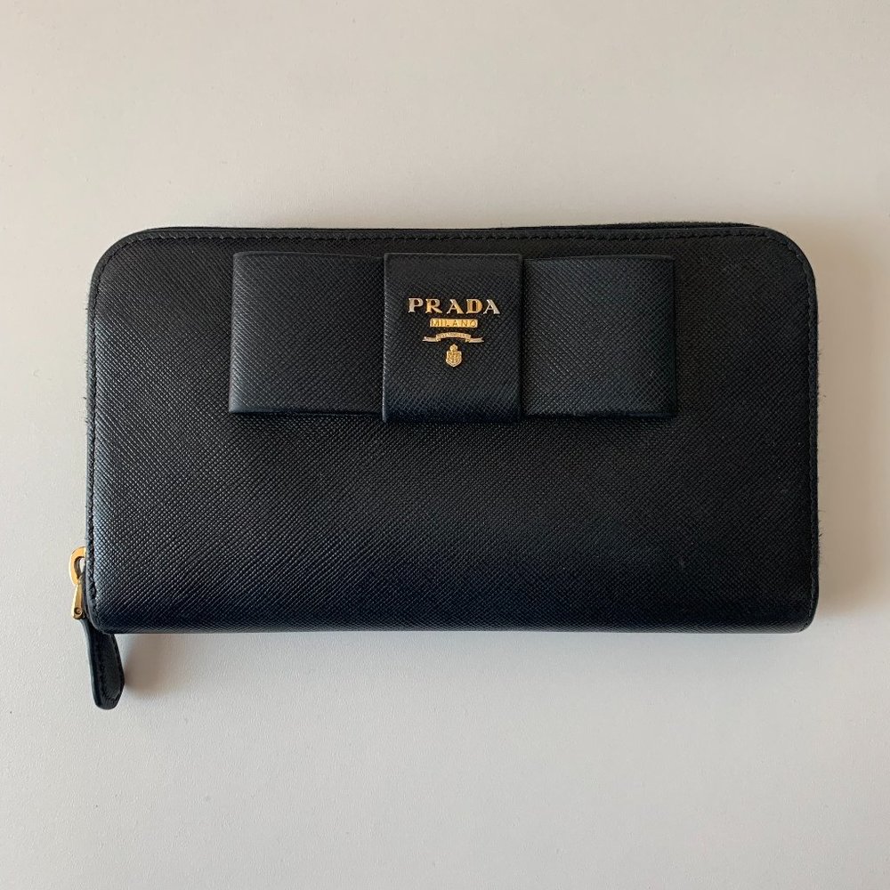 Prada Black Bow Zip Around Wallet Saffiano Leather Long